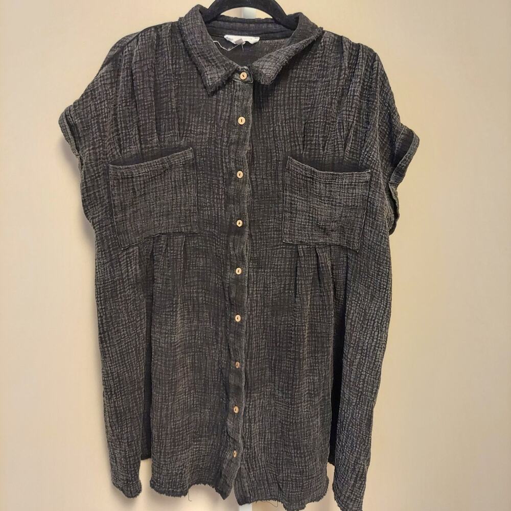 Sewn & Seen L Black Gauzy Button Up Top‎ Grunge Lagenlook